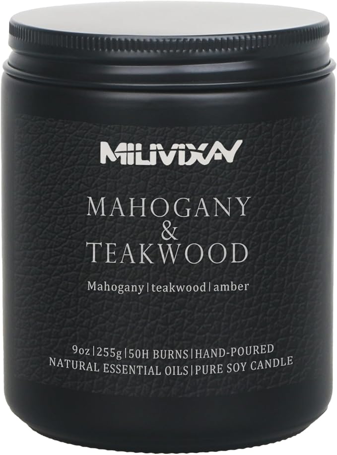 MILIVIXAY Candle for Men Mahogany & Teakwood Scented Classic 9oz Jar Single Wick Candle, Soy Wax Candles for Consistent Burn, Over 50 Hours of Burn Time, Ideal for Creating Relaxing & Holiday Gifting.