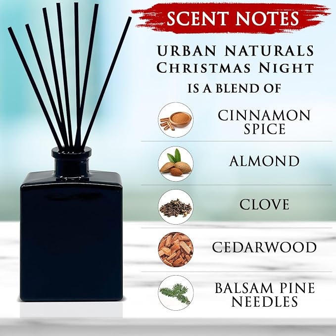 Urban Naturals Christmas Night Reed Diffuser Set – Cinnamon Spice, Almond, Clove, Cedarwood, Fresh Balsam and Fir Needle – 5 Ounce Sleek Black Rectangular Refillable Glass Bottle – Made in the USA