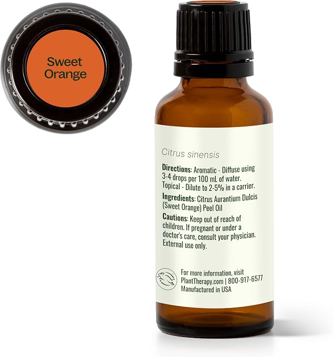 Plant Therapy Sweet Orange Essential Oil, 30 mL (1 oz), 100% Pure and Undiluted, Great for Diffusers and DIY Skin Care