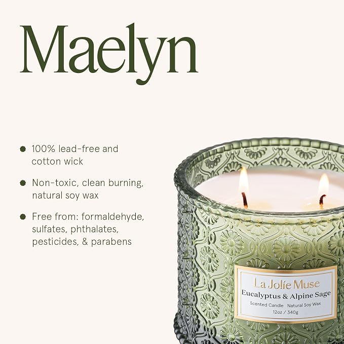 LA JOLIE MUSE Eucalyptus Sage Fresh Scented Candles for Home, Soy 2-Wick | 12 oz Large Jar Luxury Candle, Clean Non Toxic Wax, Gifts for Women & Men, Relaxing Aromatherapy Candles, Decorative Candles