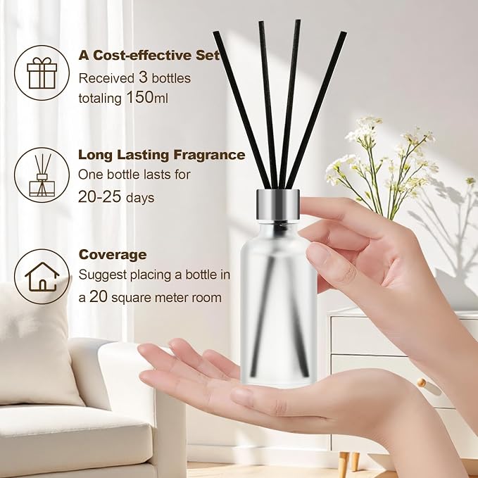 CALMORA Reed Diffuser Set of 3, 50ml Lily & Jasmine/White Tea/Amber Scented Oil Diffuser with 15 Sticks | Home Fragrance for Bedroom, Bathroom, Office & Living Room for Women Men
