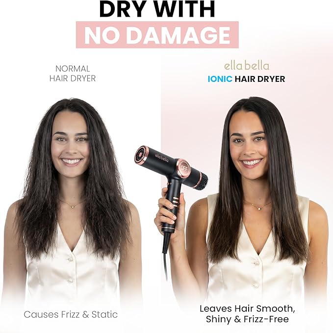 ELLA BELLA® Professional Ionic Hair Dryer with Diffuser • Negative Ion Blow Dryer • Suitable All Hair Types • Intelligent Heat Control & Rapid Drying Speeds • Lightweight Design • Low Noise Technology