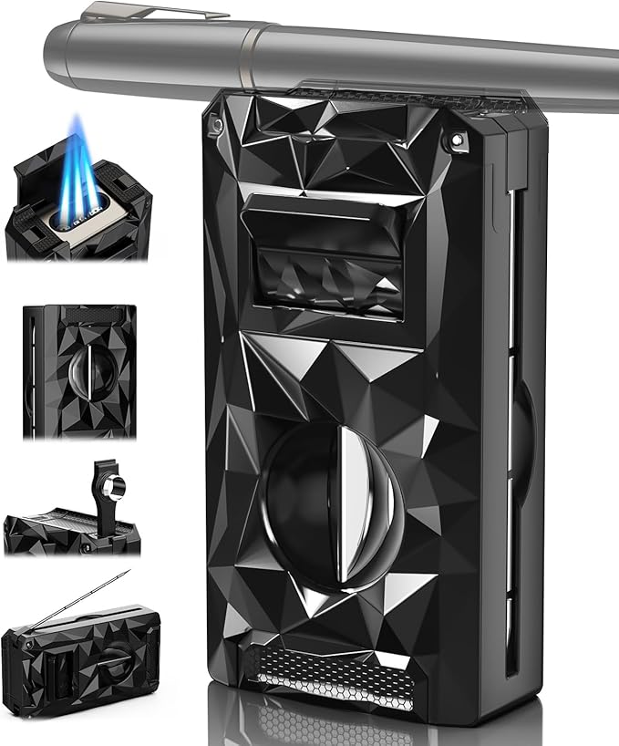 5-in-1 Windproof Lighter with Punch, Draw Enhancer, Holder, Triple Jet Flames and Tool, Butane Torch Lighter, Versatile Accessories for Travel, Candle, Lighter Gifts for Men (Without Butane)