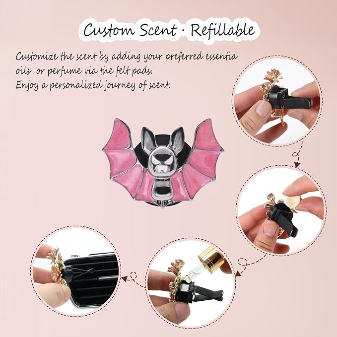 ORIESSE Bat Air Vent Clips,2pcs Pink Black Vampire Bat Car Air Freshener Vent Clips Cute Goth Car Accessories Halloween Gothic Decor Gift,Refillable Essential Oil Outlet Diffusers
