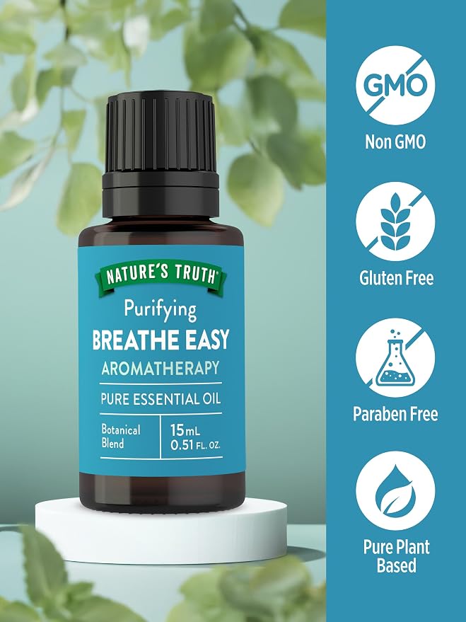 Nature's Truth Breathe Easy Essential Oil Blend | 15 mL | with Eucalyptus, Peppermint, Lemon, and Tea Tree Oils | for Aromatherapy | Pure Plant Based, Non-GMO & Gluten Free