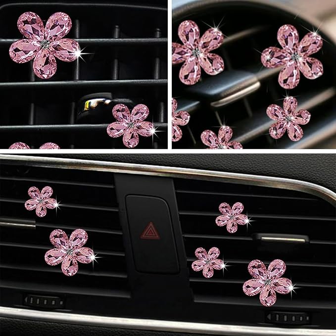 Bling Daisy Flower Car Air Vent Clips, 5PCS Sparkling Crystal Rhinestone Cute Vehicle Air Conditioning Clamp, Diamond Auto Air Outlet Clip Decor for Women Girls (Pink)
