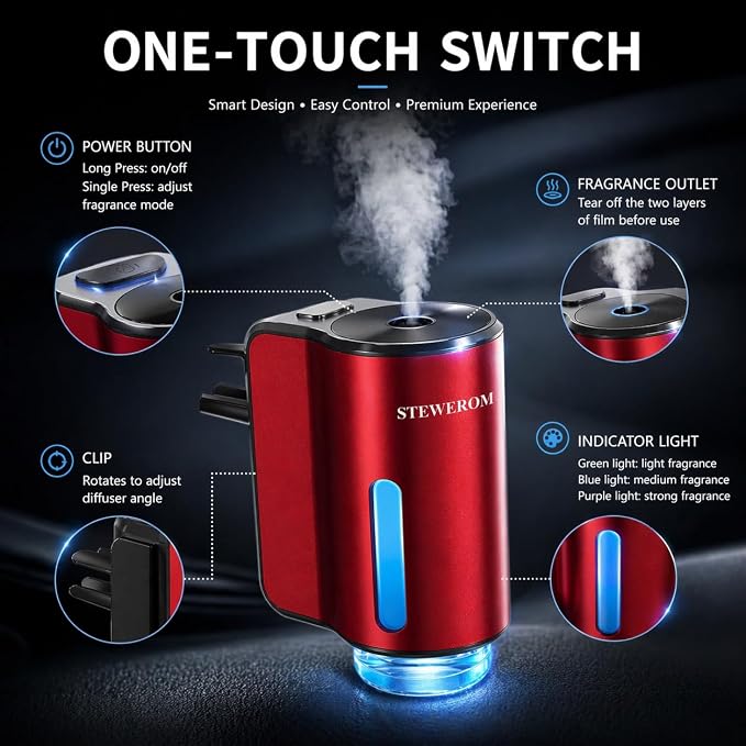 Car Air Freshener - Smart Adjustable 3-Speed Intensity, Rechargeable Humidifier Car Essential Oil Diffuser - Comes with 8 Bottles of 10ml Perfume (Red)