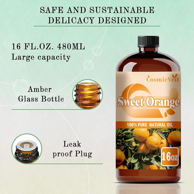 Sweet Orange Essential Oil Sweet Orange Oil for Aroma Diffuser,Humidifier,Home Fragrance,Cleaning,Body Care,Massage,Yoga,DIY Candle,DIY Soap CosmicVeil（Sweet Orange，16 Fl Oz (Pack of 1)）