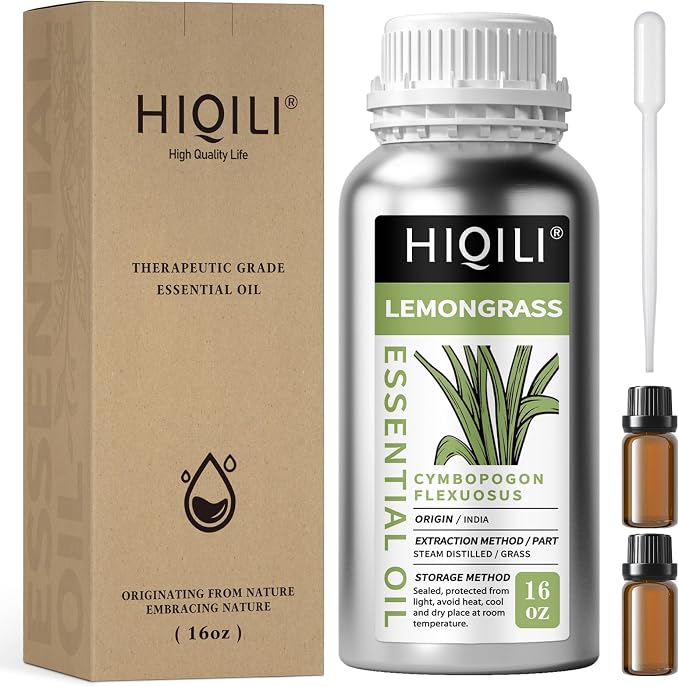 HIQILI 16 Fl Oz Lemongrass Essential Oil for Diffuser, Hair, Soap Making, and Sprays