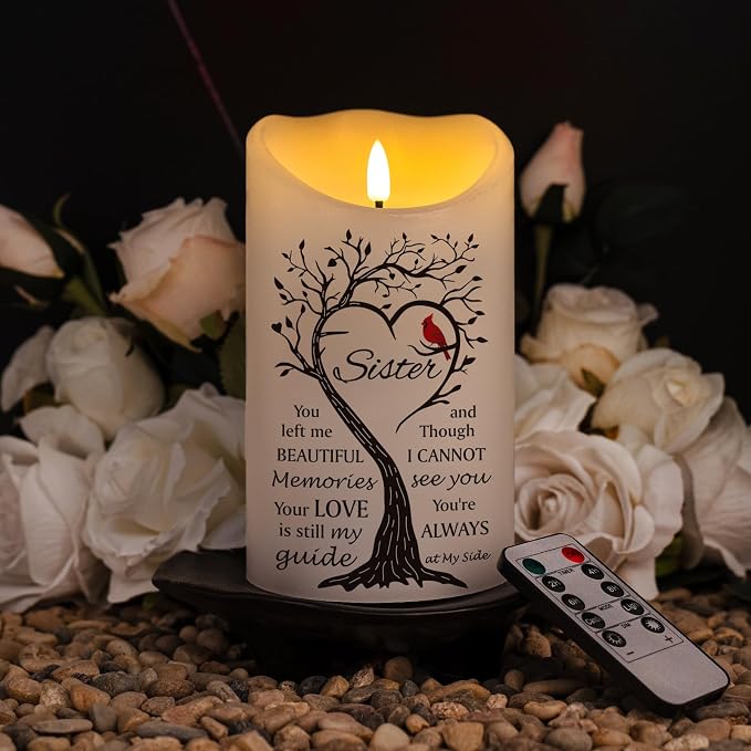Flameless Memorial Candle for Loss of Sister, Real Wax LED Light with Remote Sympathy Bereavement Gifts for Loss of Loved One Memorial Gifts for Loss of Sister (4" x 7")