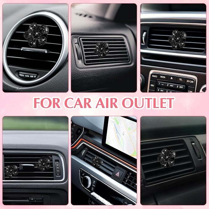 Daisy Air Vent Clips, 3 Pcs Cute Flower Crystal Rhinestone Car Air Conditioning Outlet Clip Vehicle Air Freshener Clip Charm Car Inter Decor Accessories for Women (Black, 1.6inch)