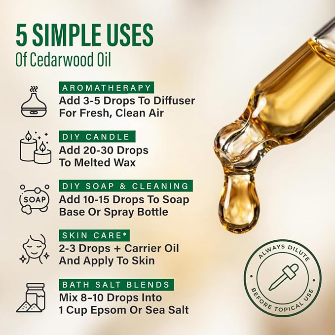 100% Pure Cedarwood Oil - 4 Fl Oz Cedarwood Essential Oil for Hair, Skin, Diffuser, Aromatherapy & DIY Soap Making Scent