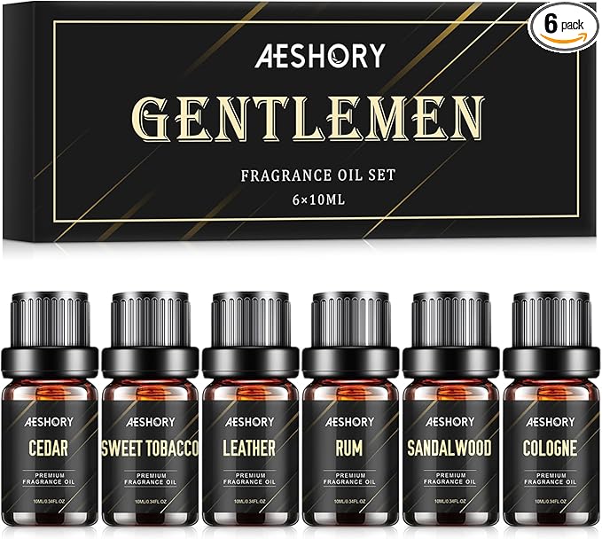 Gentlemen's Essential Oils Set - 6x10ML Mens Fragrance Oil for Candle Making, Diffuser - Sandalwood, Cedar, Leather, Sweet Tobacco, Bay Rum, Cologne Aromatherapy Oils for Men