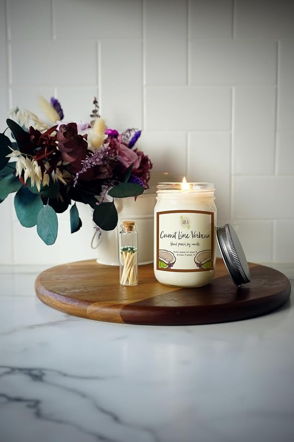Aira Soy Candle – Coconut Lime Verbena – 12 oz Mason Jar – Hand-Poured USA – Long-Lasting Vegan Soy Wax Candle – Fresh Tropical Citrus Aroma – Paraffin-Free, Kosher, Cruelty-Free