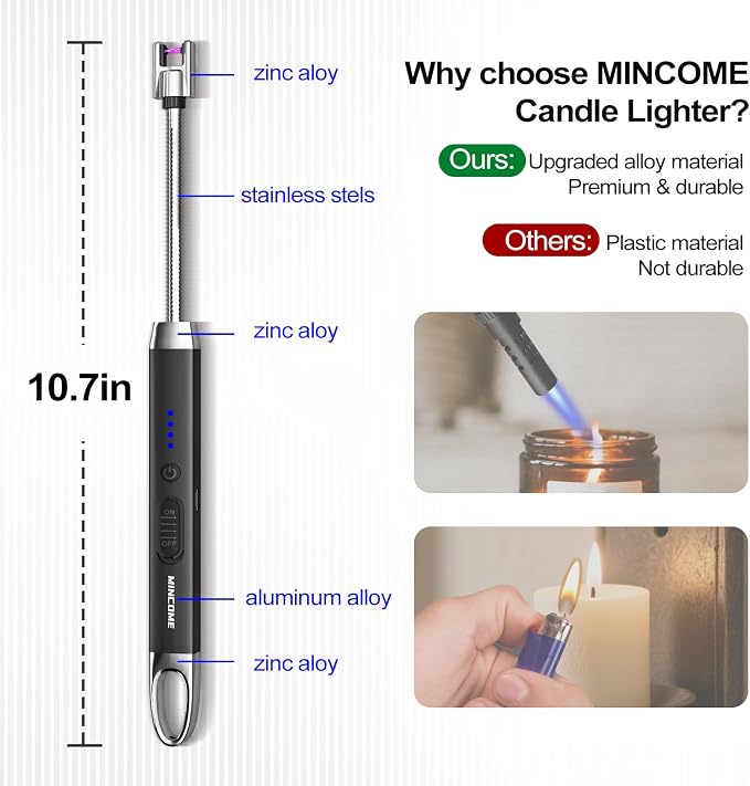 Candle Lighter, Windproof Flameless Electric lighters, Long Lighter with 360° Neck & Safety Switch, USB-C Rechageable Arc Lighters for BBQ & Candle (Black)