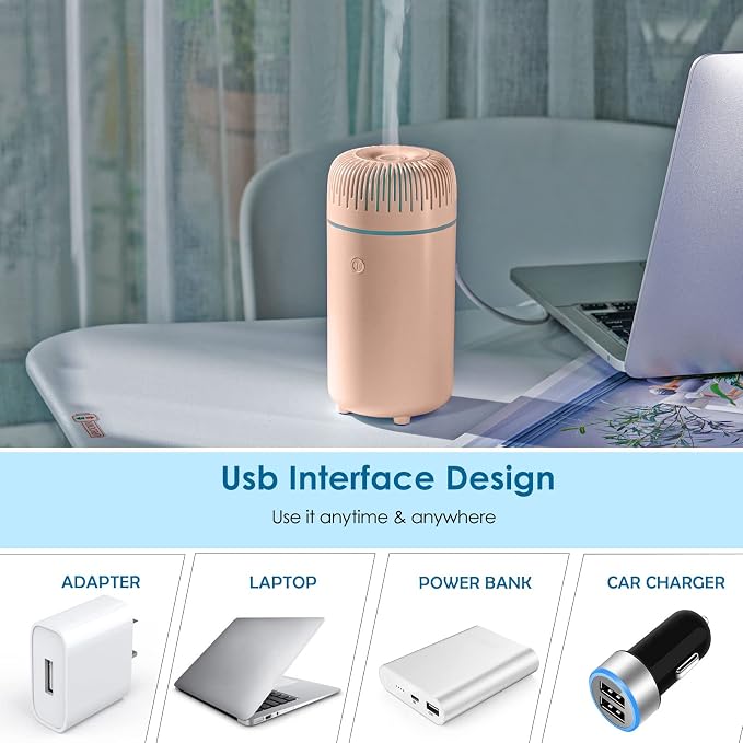 Car Diffuser Humidifier USB Aromatherapy Essential Oil Air Freshener USB Cool Mist Mini Portable Diffuser for Car Home Office Bedroom (Pink)