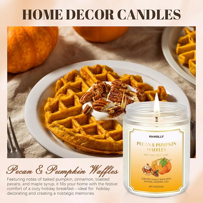 Scented Candles,Pecan & Pumpkin Waffles Scents, 9 oz Scented Candles for Home Soy Candle Wax, Lasting Aromatherapy Candles Gifts for Women Men, Perfect for Creating a Holiday Ambiance