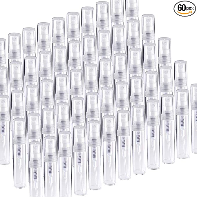 Fandamei 60 Pack 3ml Mini Spray Bottle, Clear Plastic Empty Cute Perfume Atomizer Bottle for Cleaning, Travel, Essential Oils, Perfume.