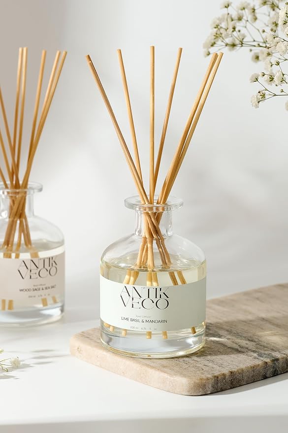 Lime Basil & Mandarin Reed Diffuser – Citrus & Herbal Diffuser for Home 6.7 fl oz – 8 Rattan Sticks – Premium Aromatherapy Oil – Elegant Glass Bottle – 90 Days Long Lasting Diffuser Set