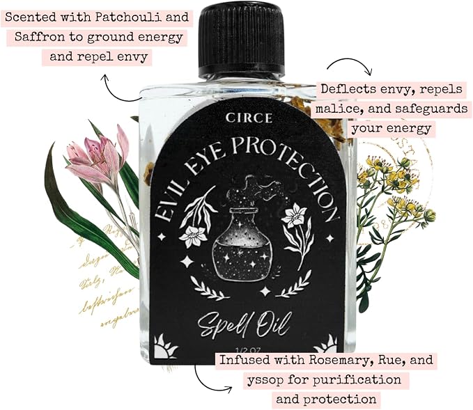 CIRCE Evil Eye Protection Spell Oil - Energy Protection & Defensive Layer - Add to Bath, Use in Rituals, Wear as Fragrance to Align w/Desires- Coconut Oil, Rosemary, Rue, and Hyssop. - 1/2oz