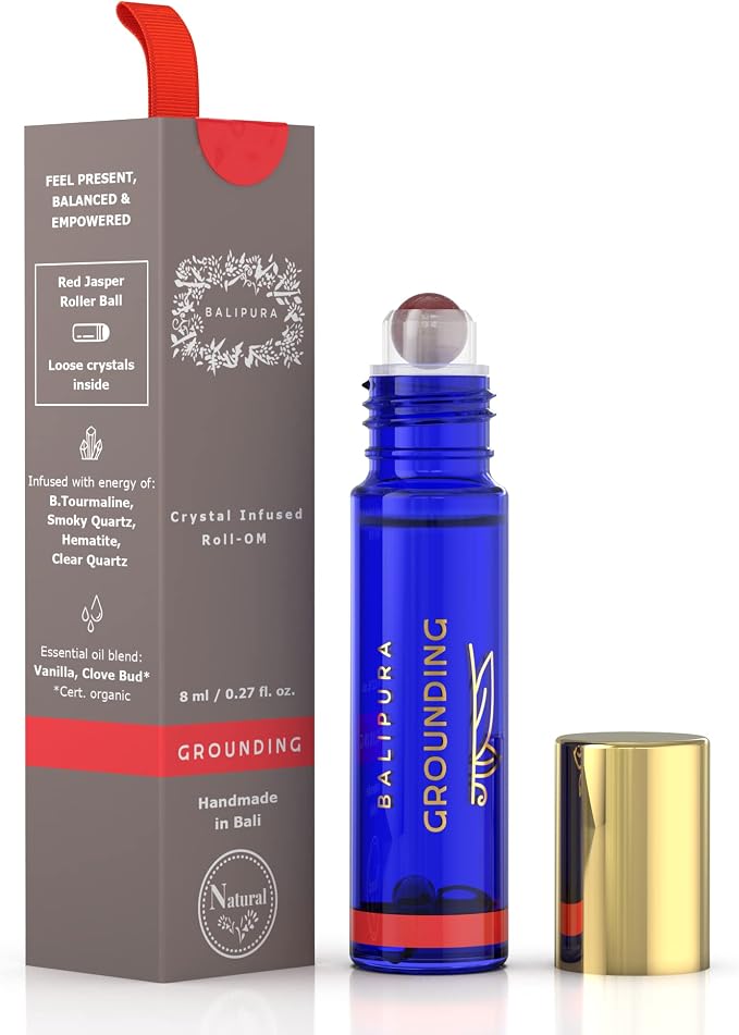 Grounding Vanilla Essential Oil Roll On with Positive Energy Chakra Crystals - Organic Essential Oils Blend, Roll On with Healing Crystals - Natural Essential Oil
