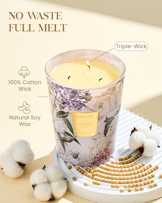 M&SENSE Lavender Glow Soy Candle, 35oz 3 Wick 150H Long Lasting Non Toxic, Calming Herbal Aromatherapy Candles, Sleep, Gift for Women