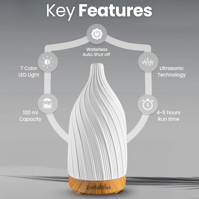 Ceramic Essential Oil Diffuser – 100ml Handcrafted Ultrasonic Aroma Diffuser with 7 LED Colors, Auto Shut-Off When No Water & Quiet Operation – Stone Diffuser for Home, Office & Bedroom