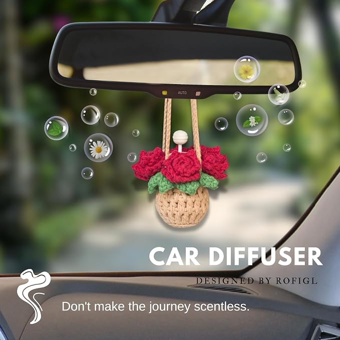 ROFIGL Handmade Crochet Hanging Car Air Freshener - Romantic Red Rose Design, 12ml Refillable Thick Glass Bottle, Car Diffuser for Rearview Mirror, Home & Office Romantic Decor