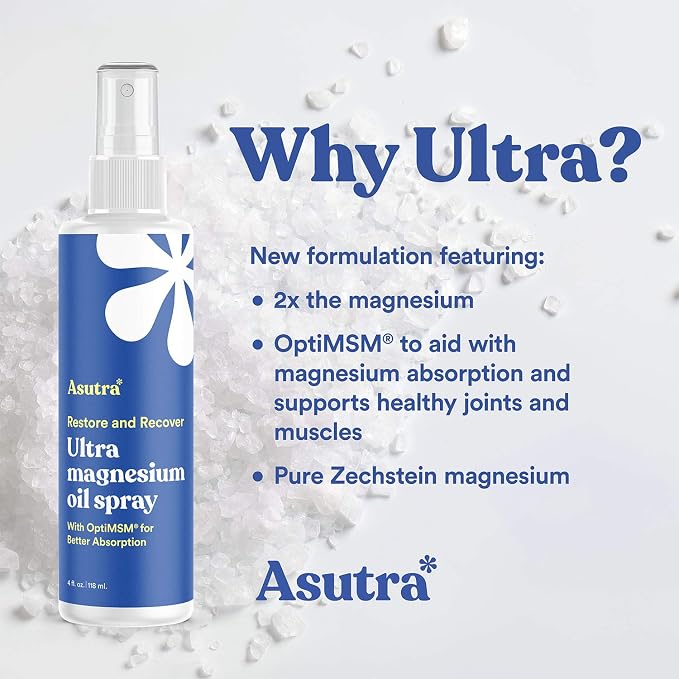 ASUTRA Zechstein Ultra Pure Magnesium Oil Spray for Feet with OptiMSM, Topical Magnesium Spray for Leg Cramps, Muscle Recovery, and Better Sleep, Concentrated Athletic Recovery Formula (4 Fl Oz)
