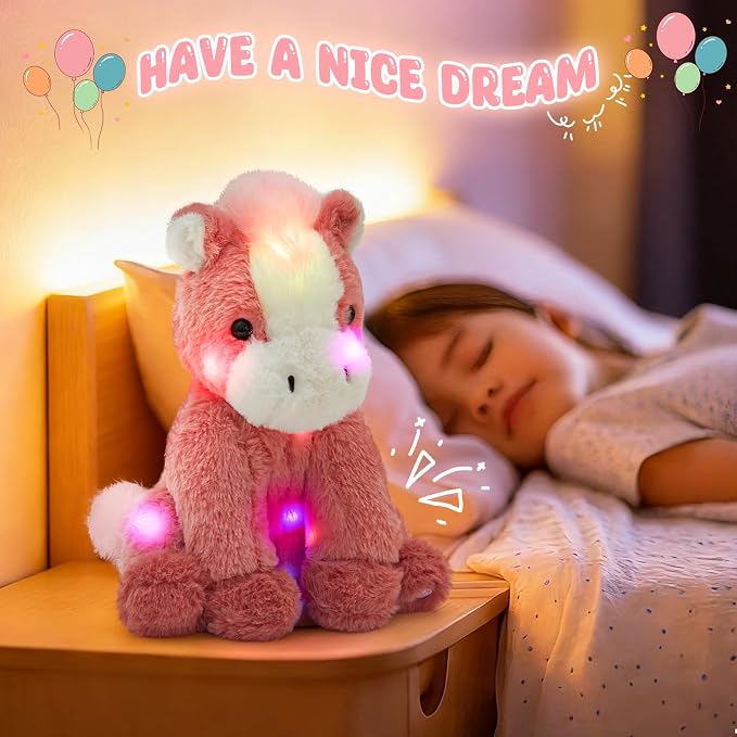 WEWILL 12'' Light up Horse Stuffed Animal Plushie Horse Plush Toy Night Lights Glowing Soft Pony Plush Birthday Children's Day Gifts for Kids,Girls,Boys