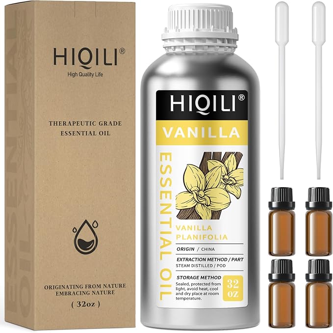 HIQILI Vanilla Essential Oil - 32 Fl Oz | Strong Fragrance for Body Lotion, Candle Making, Soap, Aromatherapy