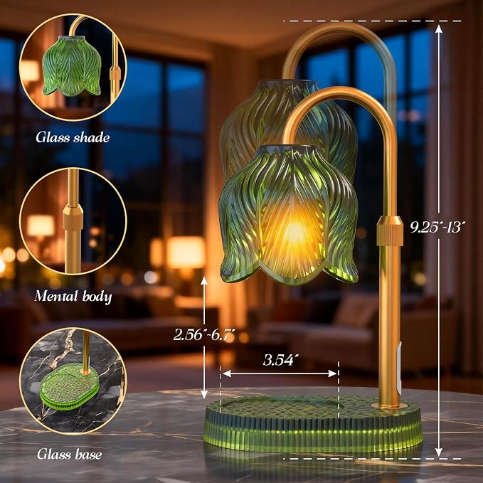 Candle Warmer Lamp with Adjustable Height - Flameless 4-Level Dimmable Wax Warmer, Timer Function & Stylish Design in Multiple Colors (Green)