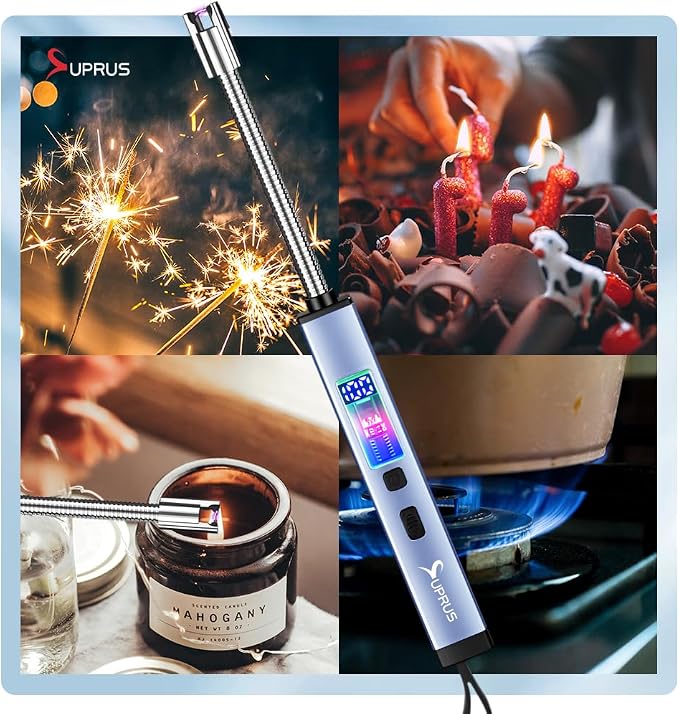 SUPRUS Electric Candle Lighter USB-C Rechargeable with Digital Battery Display Ambient Lighting Safety Switch 360° Flexible Neck Flameless Plasma Windproof Perfect for Candle BBQ Camping (Blue)