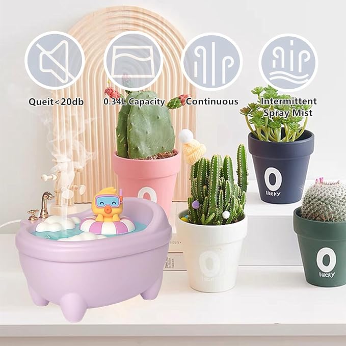 Small Mini Humidifier,Top Fill 340ml Portable Desktop Humidifier Diffuser with Cool Mist, 20db Quiet 7 LED Light Auto Shut off for Travel,Bedroom,Plants,Home,Office,Nursery,Women (Purple)