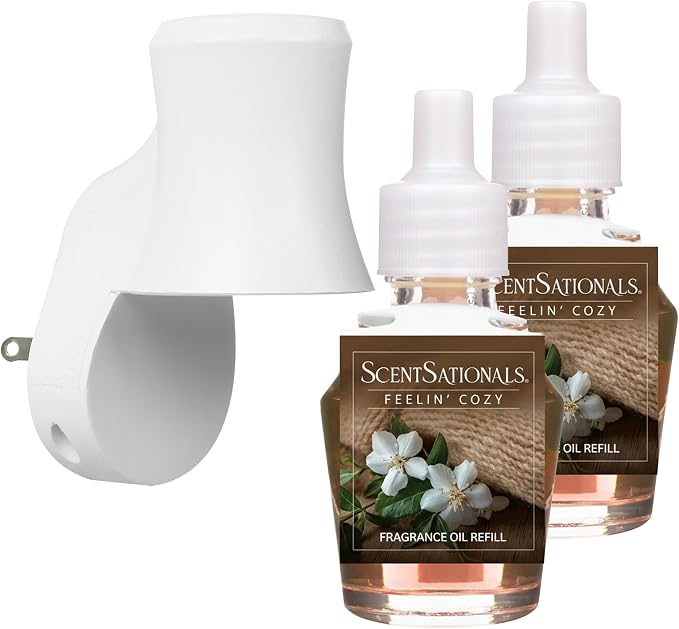 Scentsationals Plug in Air Freshener Starter Set – Swivel Plug Fragrance Oil Diffusers & 2 Long Lasting Scent Refills - Feelin' Cozy Scent