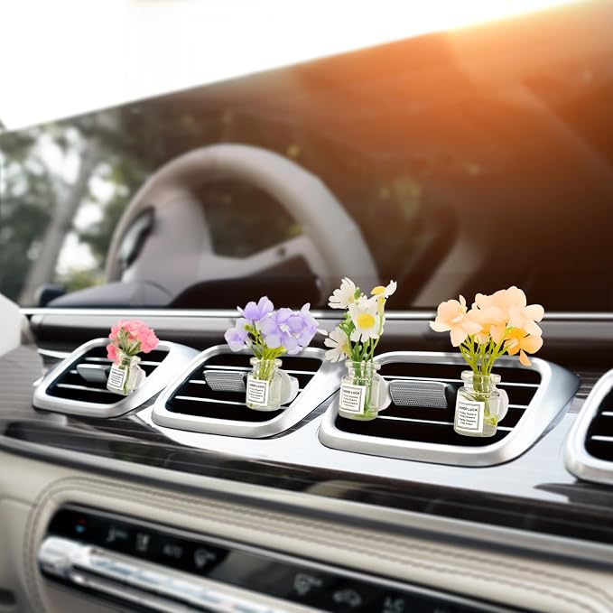 4 Pack Flowers Car Vent Clips, Cute Daisy Plants Vase Air Conditioning Outlet Clip with Fragrance Pads, Charm Scent Perfume Automotive Interior Decorations for Women