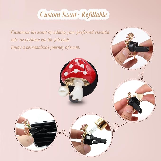 ORIESSE Cute Mushroom Car Air Freshener Vent Clips,4pcs Red Mushroon Refillable Car Air Freshener Decorative Clips Car Diffuser,Providing Bloom Car Scent