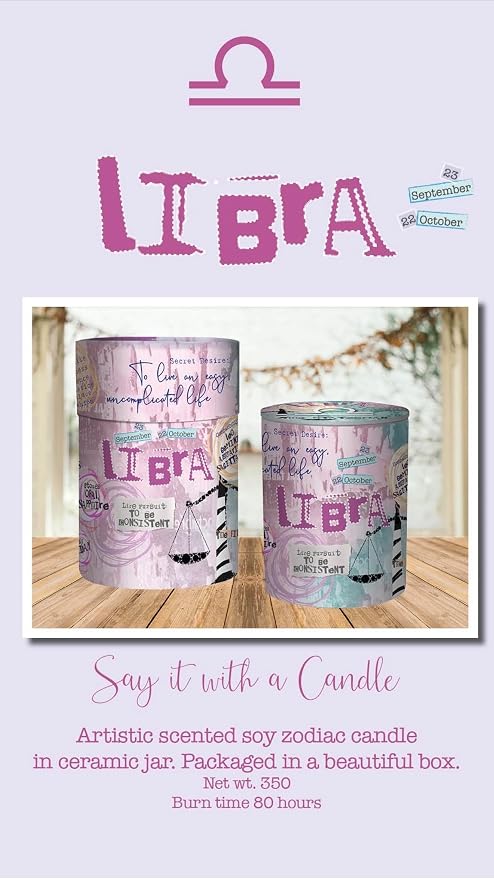 Libra Zodiac Candle – Jasmine Scented Soy Candle – Astrology Gift for Women – 80 Hour Burn – Reusable Ceramic Jar