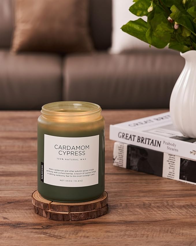 M&SENSE Cardamom Cypress Fir Large Soy Candles for Home Scented 2 Wick Large Soy Natural Candles 19.4oz 110 Hours Long Lasting Slow Burning Woody Scented Winter Holiday Birthday Gifts