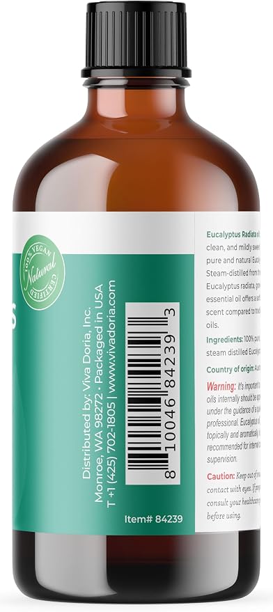 Viva Doria Eucalyptus Radiata Essential Oil, Food Grade, 118 ml (4 Fl Oz) | 100% Pure & Natural Eucalyptus Oil, Australian Type | Aromatherapy Oil for Diffuser, Steam, and Massage