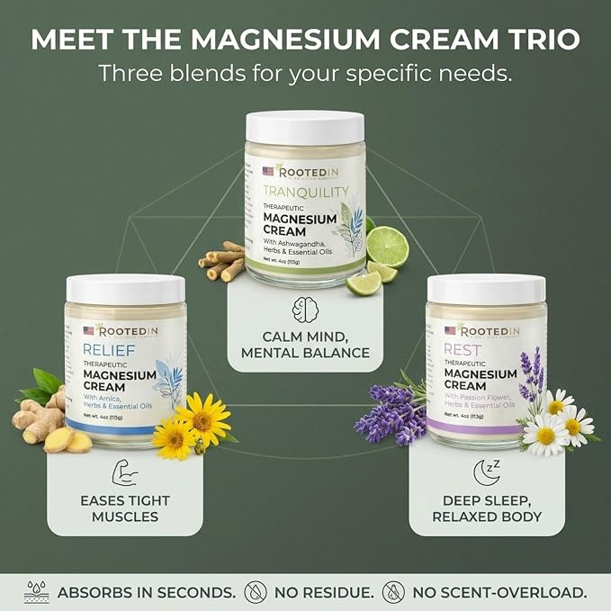 Rooted In Starter Set Includes Tranquility, Rest & Relief Magnesium Cream - Infused with 500mg Pure Magnesium, Herbs & Essential Oils - Non Greasy, Perfect Self-Care Gifts for Adults & Kids