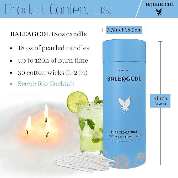 Copacabana Fizz Pearled Candle 18 Oz with 30 Wicks - Rio Cocktail Scented Sand Candles White Refillable Wax Lasts Up to 120 Hours Smooth and Clean Burning for Candle Making DIY