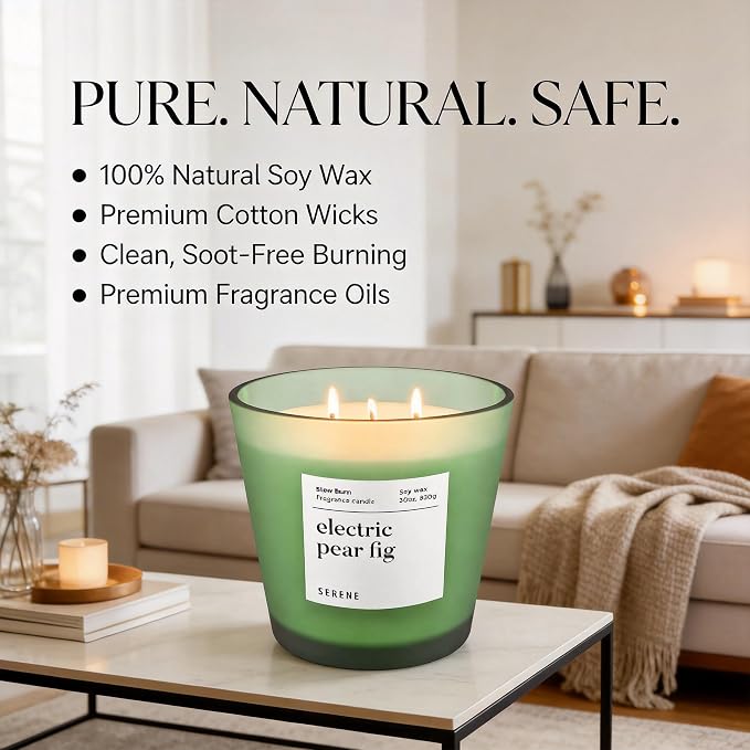 Hidden Label Electric Pear Fig Scented Candle, 30oz Large 3 Wick Natural Soy Wax Candle, 120 Hours Slow Burn Aromatherapy Candle for Home, Serene Collection Luxury Home Décor
