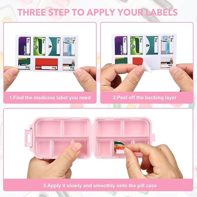 Large Travel Pill Organizer with 189 Medicine Labels, 10 Compartments Portable Small Pill Case Daily Medicine Storage Container for Purse, Car, Airplane and Vacation Trave 3 Pack