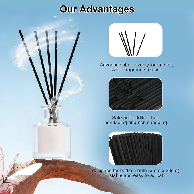 Reed Diffuser Sticks Refill, 20cm (8-inch) 3mm Fiber Reeds - 50 Pcs Natural Unscented, Ideal for Fragrance Oil, Non-Breaking & Non-Staining Replacement Sticks