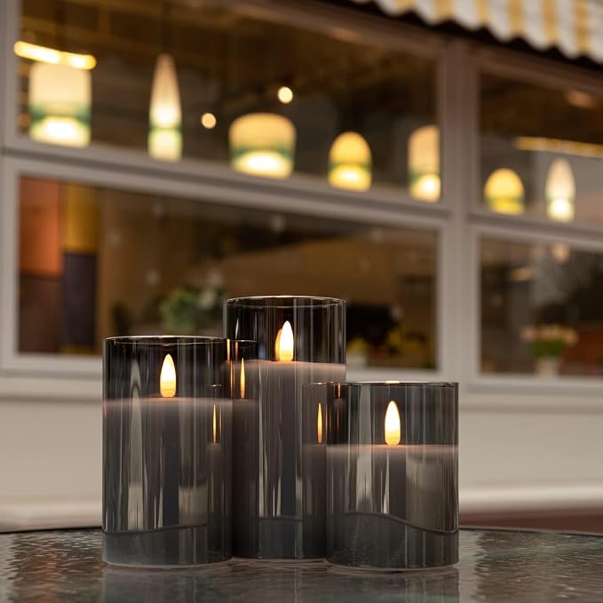 ANGELLOONG Grey Fake Candles Battery Operated, Flickering Flameless Candles with Timer and Remote, Glass LED Electric Pillar Candles Set of 3 for Home Coffee Table Bathroom Decor