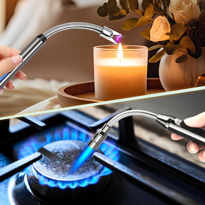 2 Pack Candle Lighter Electric Arc Long Flex Neck Utility Butane Torch Lighters Rechargeable USB Refillable Gas Jet Flame Windproof Lighter for Camping BBQ Grill Gas Stove