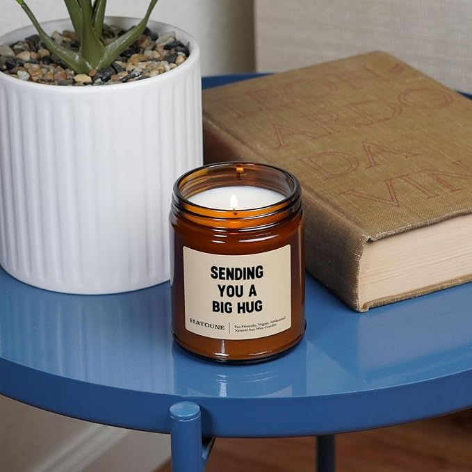 Black Vanilla Scented Soy Candle, Sending You A Big Hug, Made in USA, Hand Crafted, 40-50 Hour Burn Time, 7.2 oz Amber Jar
