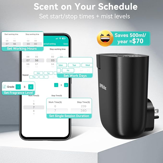 Waterless Diffuser, Plug in Diffuser for Essential Oils,Waterless Essential Oil Diffuser in Wall, Smart Bluetooth App Control, Up to 500 Sq.ft Coverage, Black