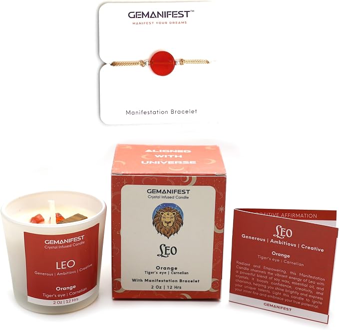 Leo Zodiac Candle with Carnelian Bracelet Orange Scented Soy Manifestation Candles Zodiac Gifts for Leo Women Birthday Astrology Spiritual Gifts